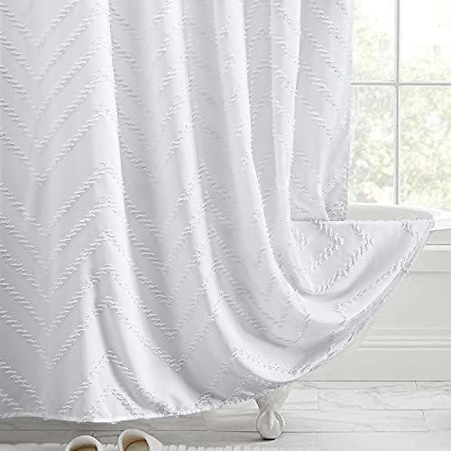 Cortina de chuveiro boho branca para banheiro para banheiro chique em texturizado tufado chevron listrado