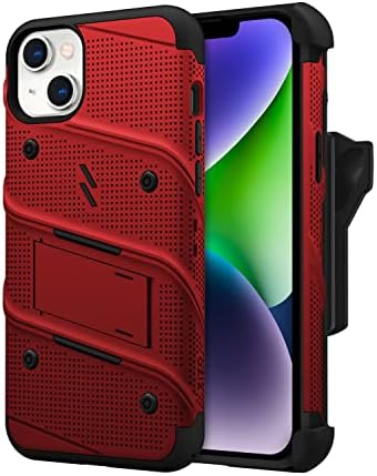 Pacote de parafuso Zizo para iPhone 14 Plus Case com protetor de tela Kickstand Holster cordão - vermelho