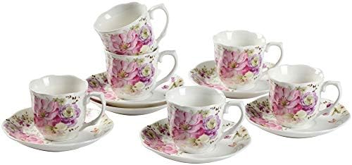 Conjunto de chá Gy 12 PCs - 7 onças novas xícaras de chá de China e pires com padrão de flor de flores rosa para