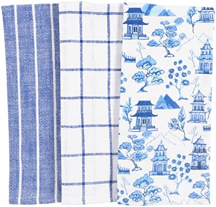 Kaf Home Blue Willow Conjunto de 3 toalhas de prato de cozinha casual e abafado de abafado, algodão 100