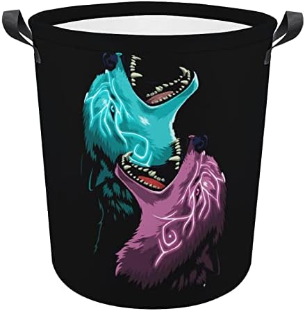 Blue Purple Thunder Wolf lobo dobrável Roupa de lavanderia cesto de lavanderia com alças de lavagem Bin Saco de roupas sujas para dormitório da faculdade, família