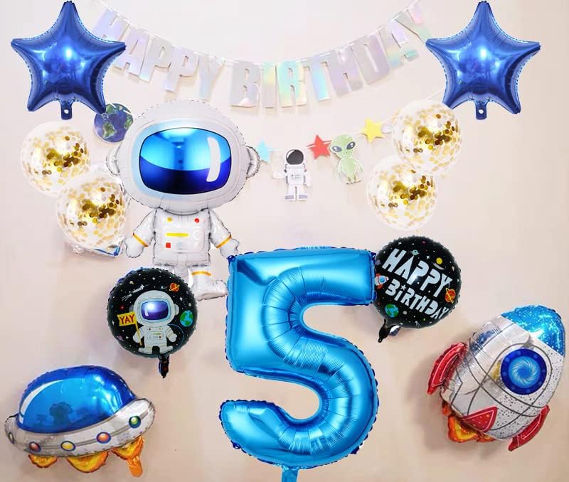 Tennychaor 12pcs Astronauta Kit de balão de 5º aniversário, Spaceman Rocket Universe Planetas para Baby 5th Birthday Party Decorations, Espaço Siderrente Balões de Balões de Birthday Party Decor.