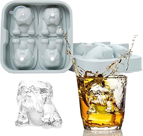 4 Cavidade Bulldog Dog Shape Ice Cube Moldes Reutiliza Silicone com funil para o uísque Spirits Cocktails Bourbon