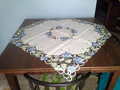 Toleta de mesa de boutique ou toupeiro de mesa bordado com rosas azuis vitorianas, tamanho de 34 polegadas