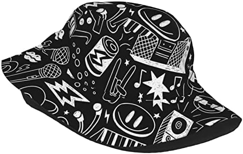 Música rock rock doodle bucket chapéu de praia viagens pescadores chapéu de pescador de chapéu de sol para mulheres unissex homens