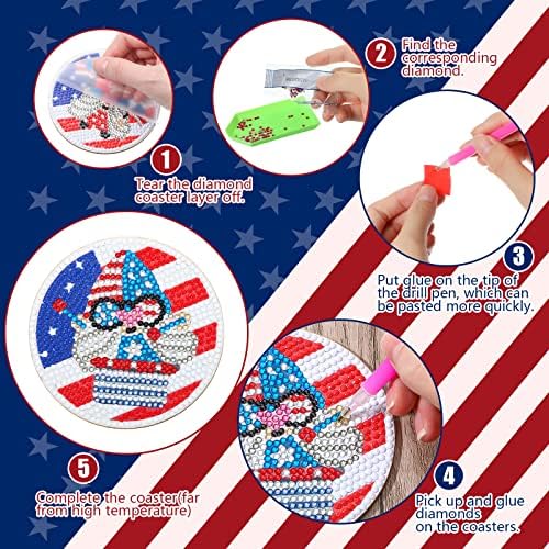 8 PCs Independência Dia Diamond Art Coasters Kits 4 de julho de pintura de diamante Coasters com Holder Patriotic