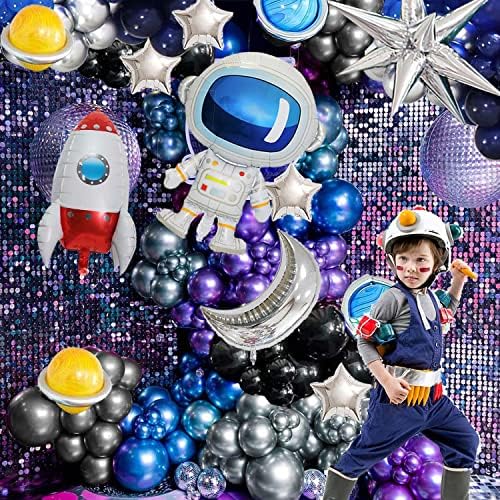 Balão Espaço Exterior Garland Kit Chrome Blue Purple e Astronaut Rocket Planet Balão para 2 Decorações de Galáxia