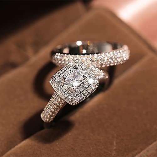 2pcs Conjunto de casal Princess Square Diamond Ring Ring Fashion Luxury noivado Jóias de casamento para mulheres