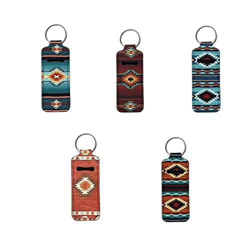 Jeiento 5 Pack Chapstick Keychain Holder Lip Gloss Holder Keychain Clip-On Bolsa para Balm de Lips for Girls Women, estilo tribal asteca