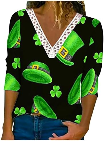 Tops for Women Dressy St Patricks Camisetas Camisas Crochet Lace V pescoço 3/4 Manga Camista SHAMROCK PRIMA