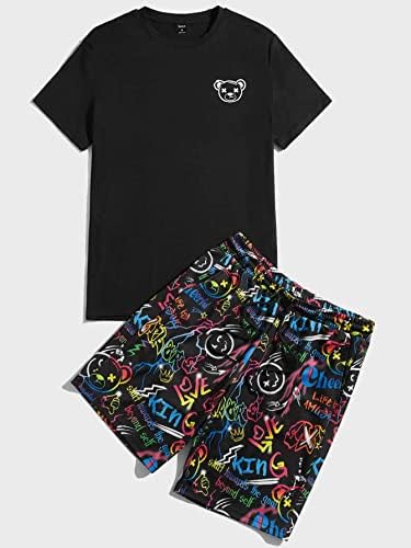 Roupas de duas peças para homens, camiseta gráfica de desenhos animados e shorts de cintura de cordão