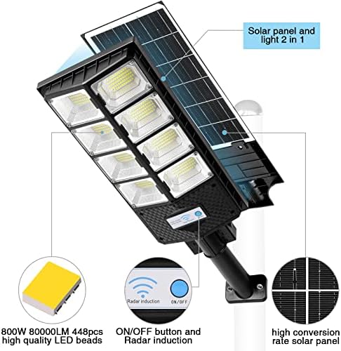 Zjojo Solar Street Lights Outdoor à prova d'água, 6500k 10000lm 448 LEDs Luzes de estacionamento solar Luzes Dusk