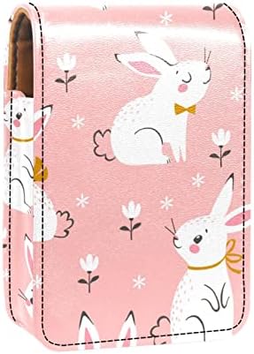 Coelhinho de coelho rosa coelho de couro floral maquiagem de maquiagem de batom, saco de batom com espelho para