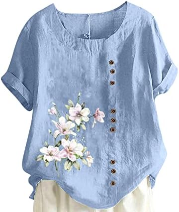 Camisa de linho de algodão de verão para mulheres 2023 casual solto manga curta Crewneck tops