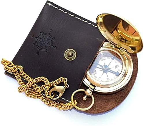 Bússola de bronze vintage bronze bússola de relógio de sol com couro de couro antigo bússola bússola