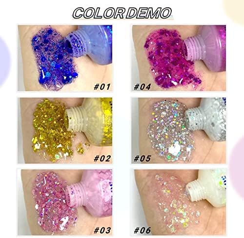 Kyda 3 cores Gel de glitter corporal holográfico, glitter de cosméticos, lantejoulos de lantejagem de longa