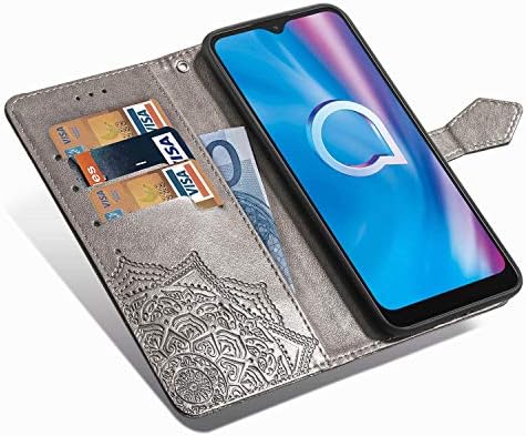 Ranyi para Jitterbug Smart3 / Caso de smartphone inteligente e animado, Caixa de carteira de couro com padrão de flor Mandala com suporte de cartão de crédito Kickstand Flip Folio Magnetic Cartet Case para Jitterbug Smart3 -Gray