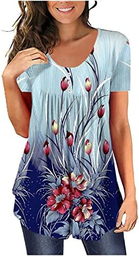 Camisas estampadas florais de verão feminina moda o pescoço plissouttunic tops para leggings camiseta