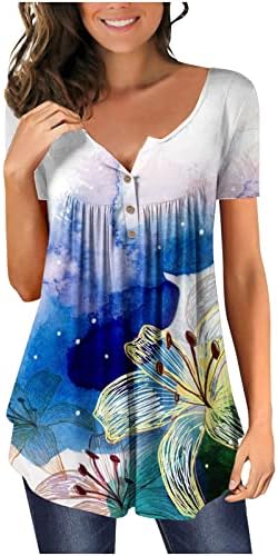 Túnicos de túnica floral de grandes dimensões para mulheres de manga curta V Botões de camiseta plissados ​​camisetas