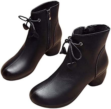 Botas de tornozelo hcjkdu botas de tornozelo retro de couro falso de bota de bota redonda com zíper lateral