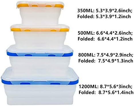 Conjunto Ccyanzi de 4 recipiente de armazenamento de alimentos de silicone dobrável com tampas à prova de vazamentos | Economia de espaço | Freezer de microondas Seguro | Recipientes de preparação para refeições para o almoço