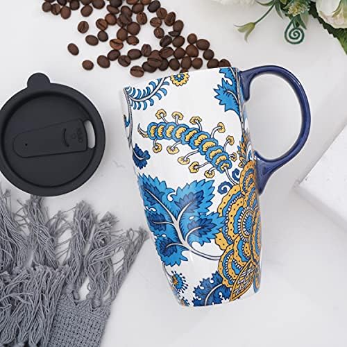 Presente de caneca de café com cerâmica de Dusvally para casa e escritório, 17oz. Copo de viagem com leite de porcelana com tampa, caneca de chá de arte azul com alça, 6,5 h
