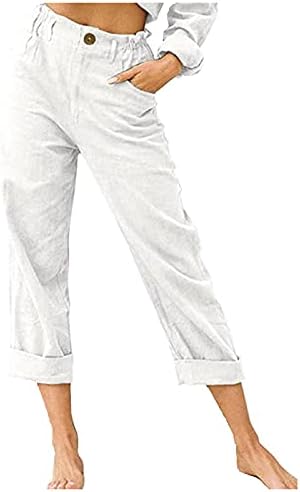 Calças de linho de algodão feminino, verão, crazão casual perna larga pálzzo yoga capris calça frontal plana com