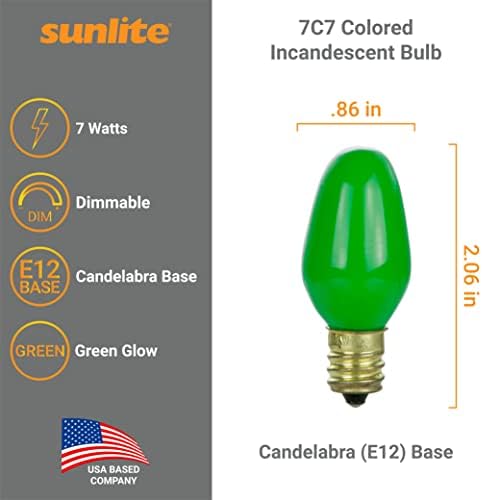 Sunlite 01056 7C7 Bulbo incandescente, 7 watts, Base Candelabra E12, C7 Pequena luz noturna, lâmpada colorida,