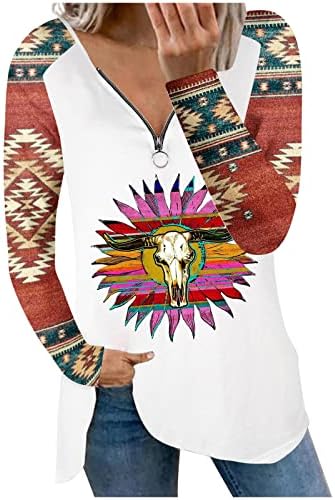 Zíper casual feminino v camisas de pescoço vintage astecas ocidentais tampos de estampas étnicas plus size túnica de túnica longa camisetas