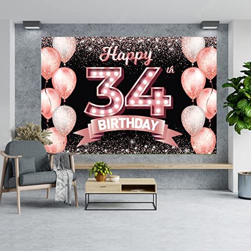 Feliz aniversário de 34 anos de ouro rosa banner cenário aplaga a decoração de balões de confete