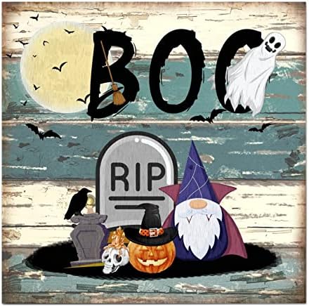 Estilo vintage 12x12in Halloween Wood Sign Halloween Gnome Boo Parede pendurada Placa de madeira para férias