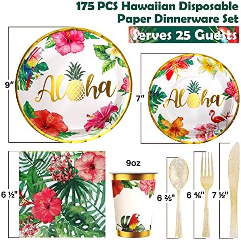 Suprimentos para decorações de festa tropical havaiana Luau, 175 PCs Aloha Aniversário Dimensível Dinnerware