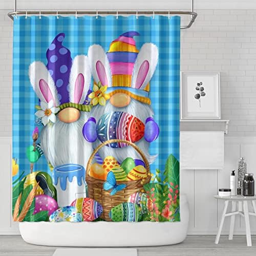 Cortana de chuveiro do chuveiro de Páscoa Feliz Gnome Bunny Cretans para o banheiro, ovos de Páscoa com Gnomos Bathtubs Decoração de cortina de banheiro com 12 anéis, decoração da casa de primavera 72x84in