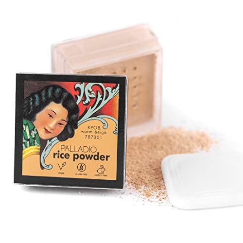 Palladio Rice Powder, bege quente, pó de cenário solto, absorve óleo, folhas com aparência e sentimento liso,