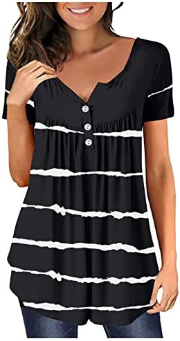 Lcepcy Women 2023 Summer Henley camisas plissadas de botão listrado tops tops casuais camisetas de blusa de manga