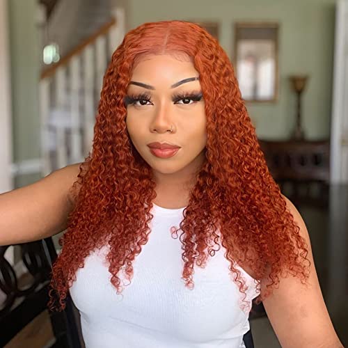 Deep Curly Ginger Orange Human Human Lace Front Wig com extremidades cheias e grossas - peruca