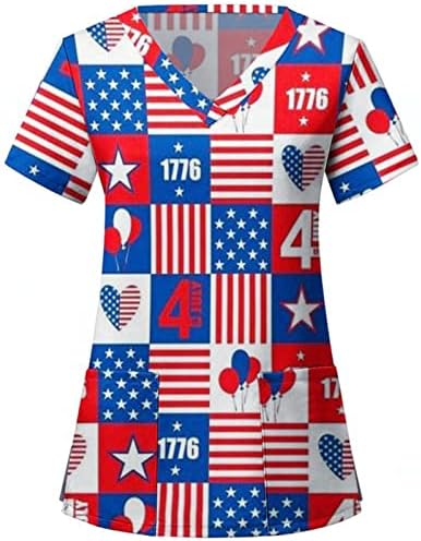 4 de julho Tops for Women American Flag Summer Summer Sleeve Camisa de decote em V com 2 bolsos Blusa Top Holiday
