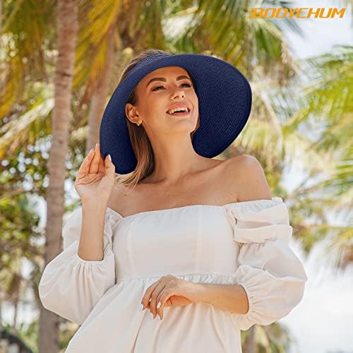 Chapéus de sol para mulheres, chapéus de palha larga de palha de palha de topless rolando chapéu de praia ajustável