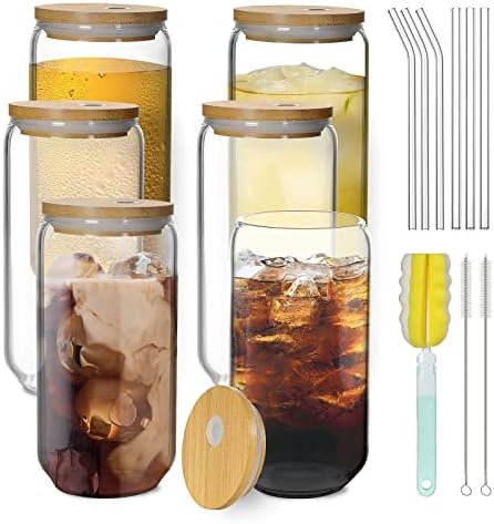 Copos de bebida com tampas de bambu e palha de vidro 6pcs Conjunto - copos de cerveja de 16 onças, cofres