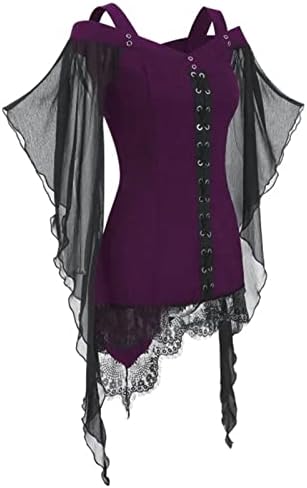 Mulheres sexy camisas góticas, manga de borboleta feminina Tops de ombro frio Tops de malha costura de halloween trajes de halloween