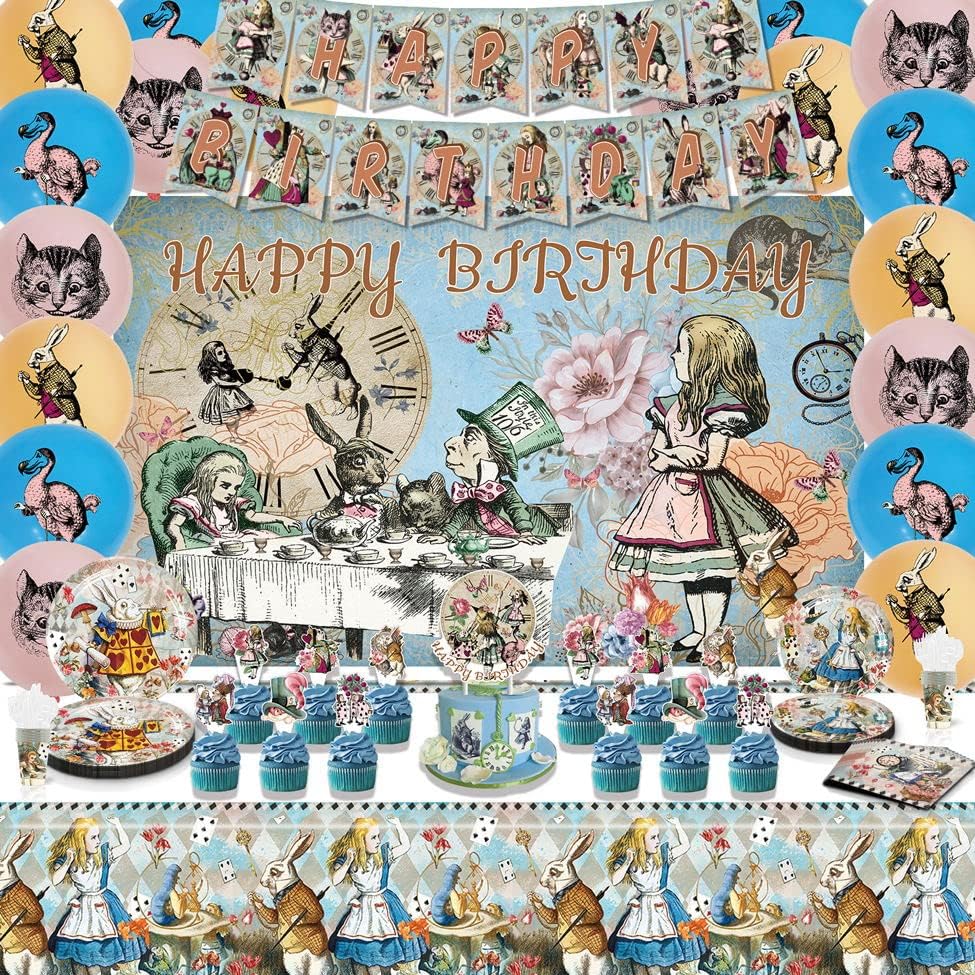 Alice in Wonderland Birthday Party suprimentos decorações, serve 10 pratos de convidados, facas, garfos, colheres,