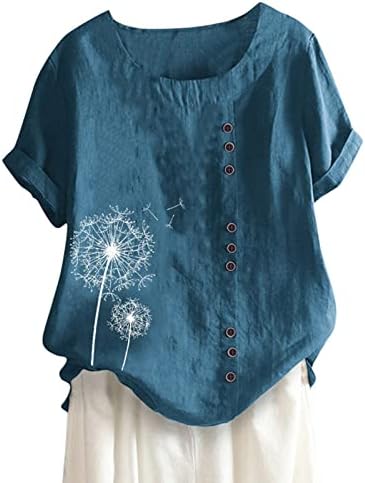 Tops de linho de algodão para mulheres Trendy Print Casual Casual Fit Tunic Tee Lady Plus Tamanho Blusa de