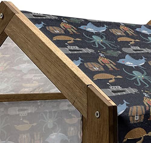 Casa de cães de madeira de Ambesonne Diver, itens do oceano Padrão de tubarão marinho marinheiro submarino polvo