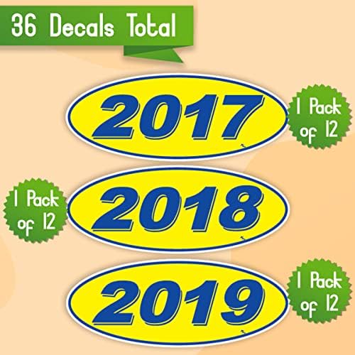 Versa Tags 2017 2018 e 2019 Modelo Oval Ano de Ano de Carros Vancidores de Janelas com orgulho feitas nos EUA Versa Oval Model Windshield Ano de Ano é amarelo e azul em cores vêm doze por ano