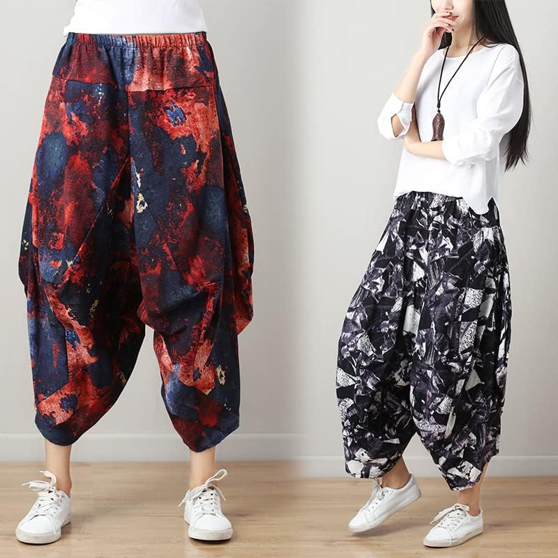 Uktzfbctw calças japonesas harém streetwear mulheres cintura elástica étnica solta calça longa cor de