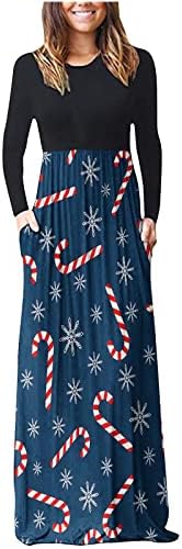 Vestidos de Natal para mulheres Petite Slim Maxi Vestido de Natal Impressão de retalhos Empire cintura vestido casual de manga longa com bolso