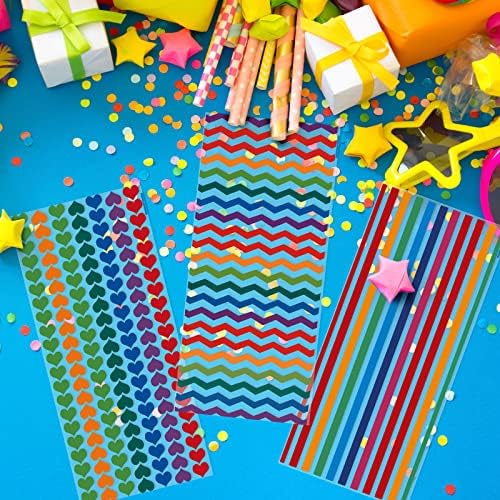 180 PCs Rainbow Celophane Candy Bags Stripes Heart Pried Goodie Bags com 200 laços Bolsas de