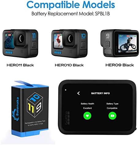 Satonaka 3 Pack Battery Fit for GoPro Hero 11 GoPro Hero 10 GoPro Hero 9 Black 1800mAh Baterias de substituição