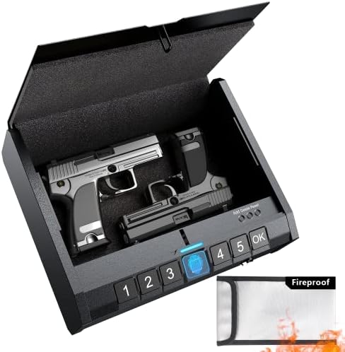Ainiro Gun Safe for Pistols - Armas biométricas Seguro para pistola com bolsa de documentos à prova de fogo, trava de pistola de acesso rápido com identificação de impressão digital ou teclado, armazenamento de armas de cabeceira em casa