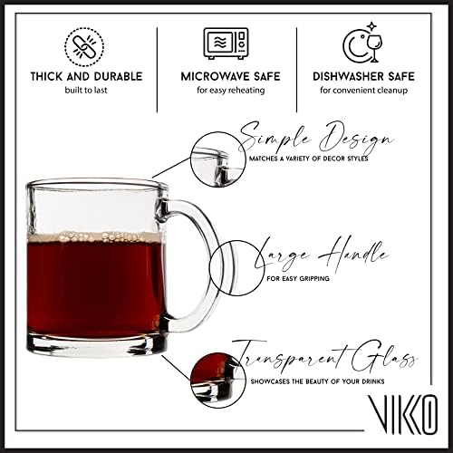 Caneca de café de vidro Vikko, 10,75 onças de canecas de café de vidro transparente, caneca de vidro de 4, microondas e lavador de lavar louça